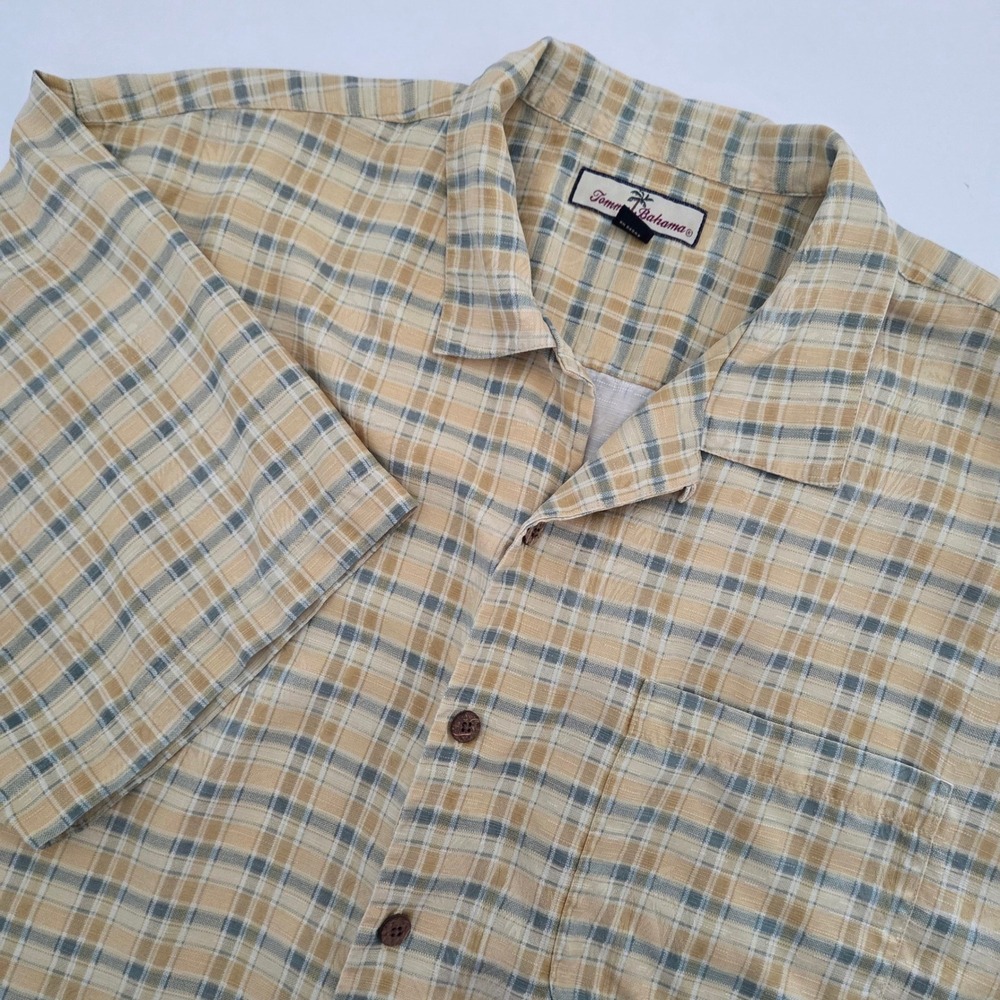 Tommy Bahama Mens XL Silk Short Sleeve Plaid Camp‎ Shirt Yellow Blue Button Down